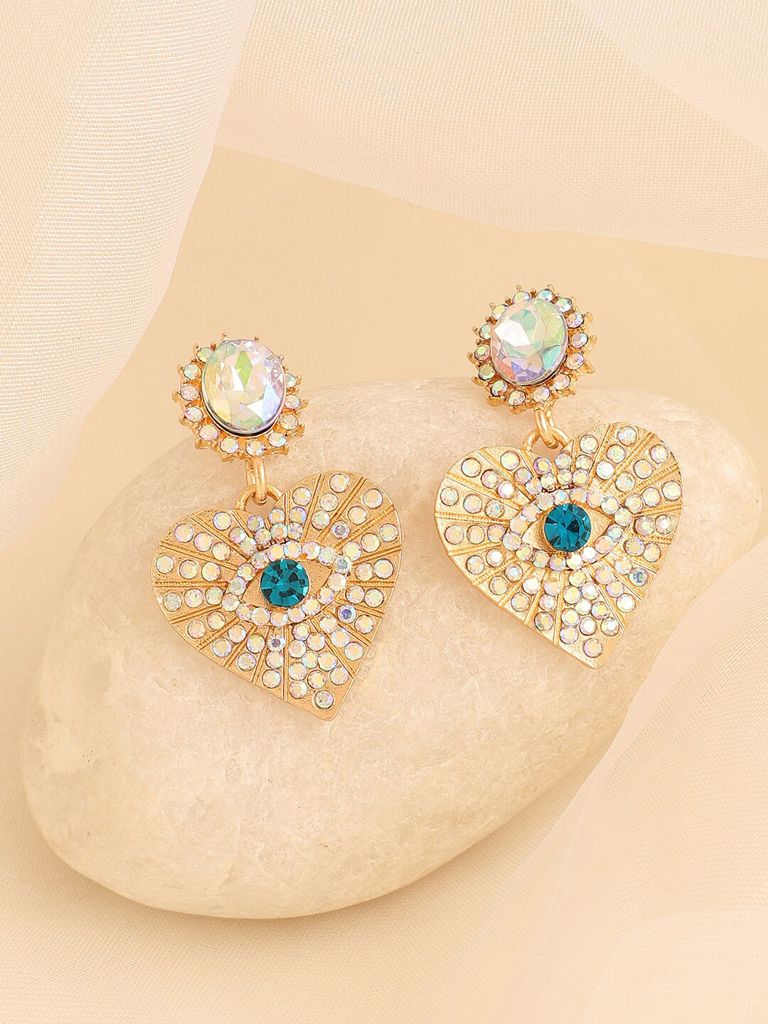 SOHI Blue Gold-Plated Heart Shaped Drop Earrings