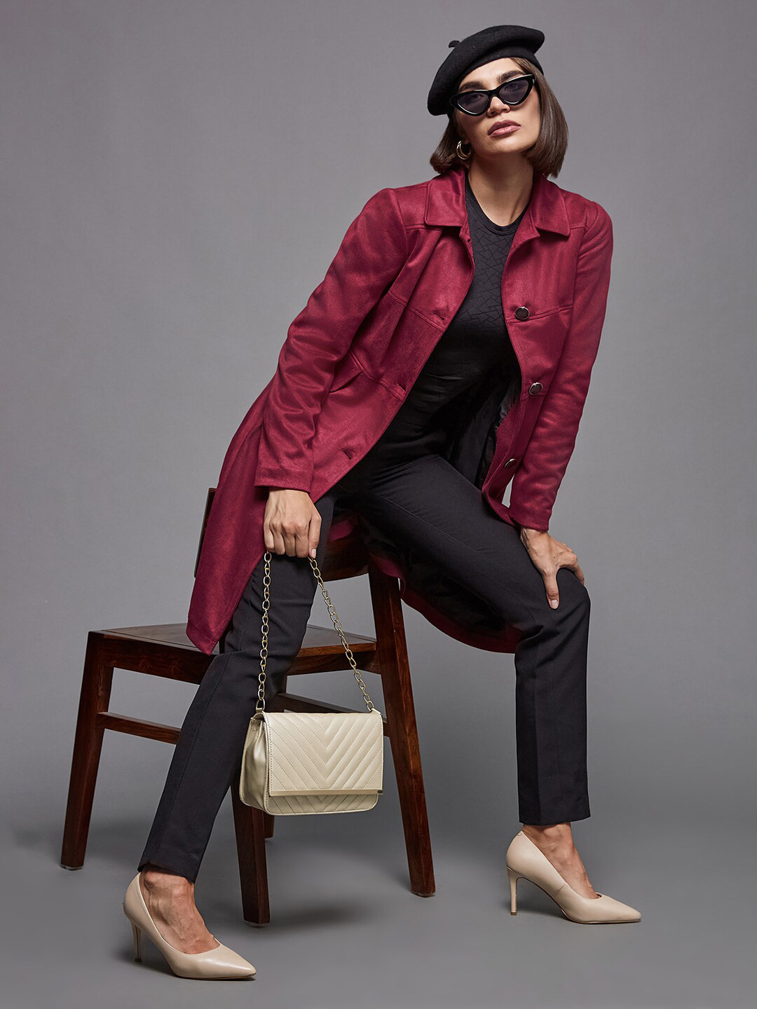 Miss Chase Women Red Suede Longline Tailored Jacket