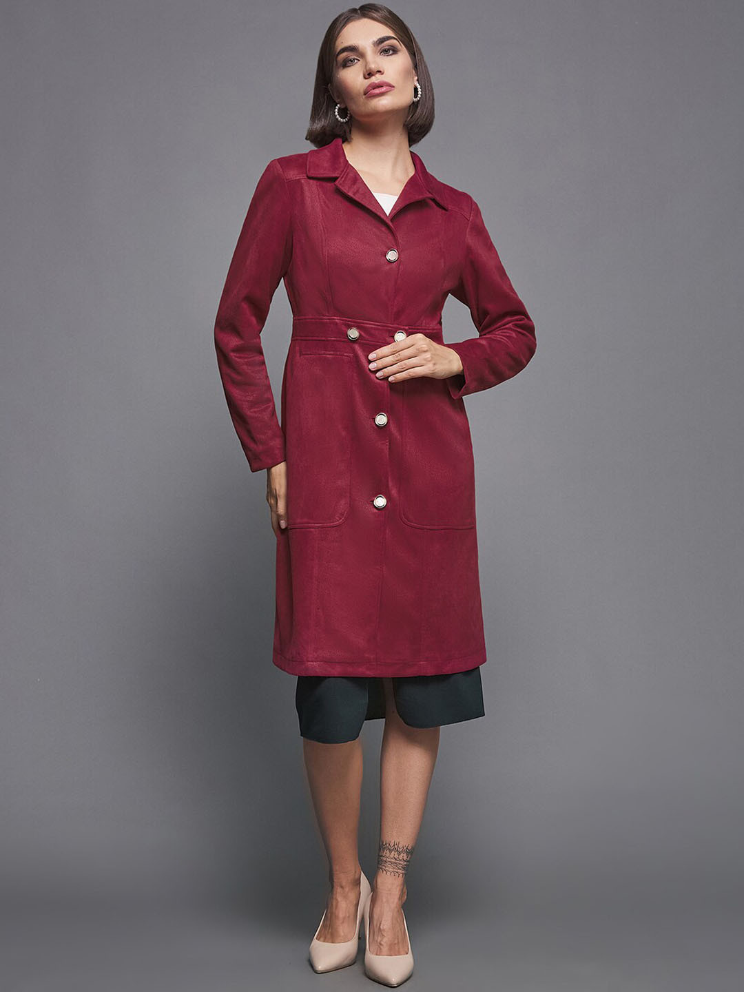 Miss Chase Women Red Suede Longline Coat
