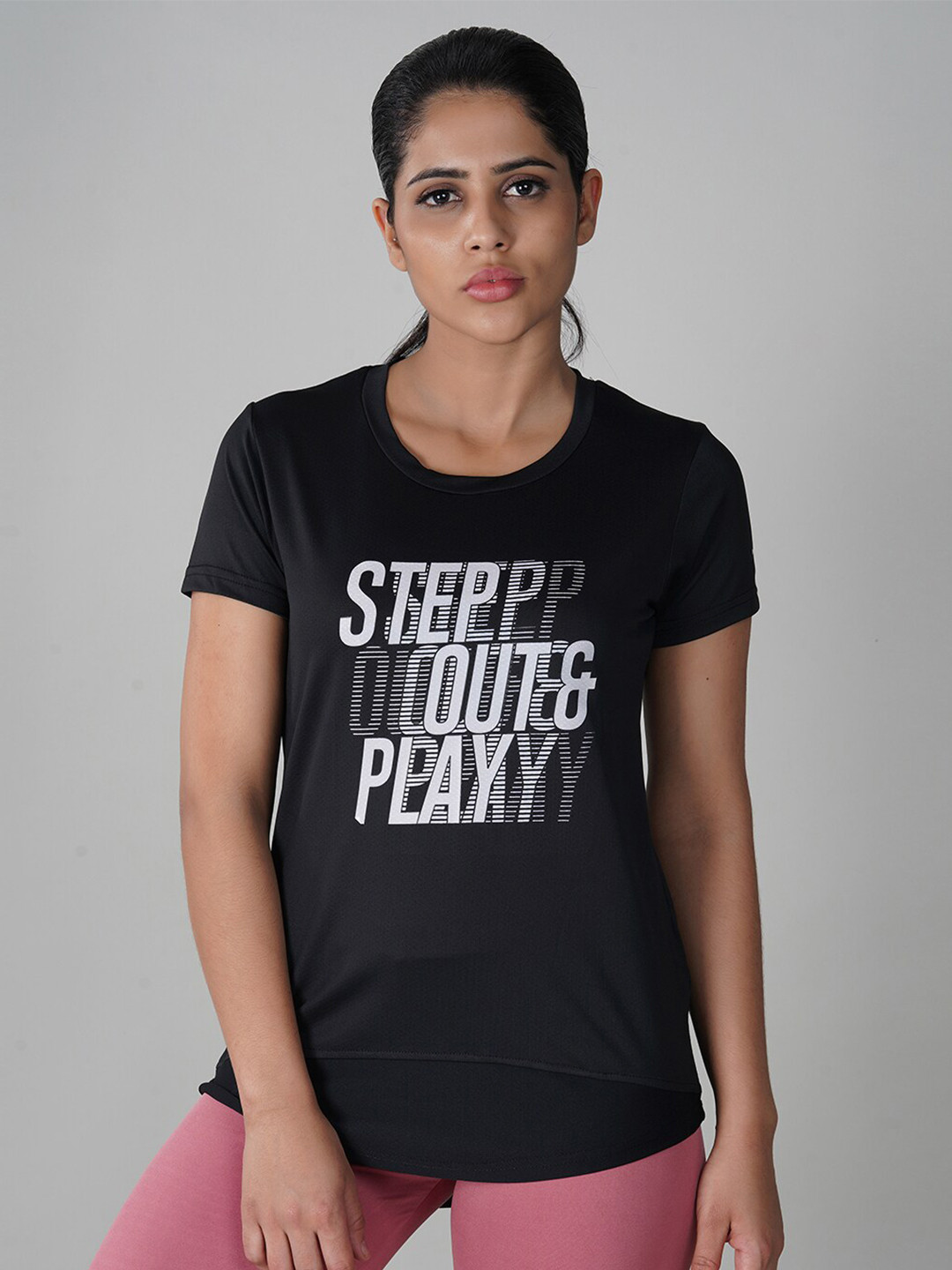 NIVIA Women Black Typography Printed Dri-FIT T-shirt