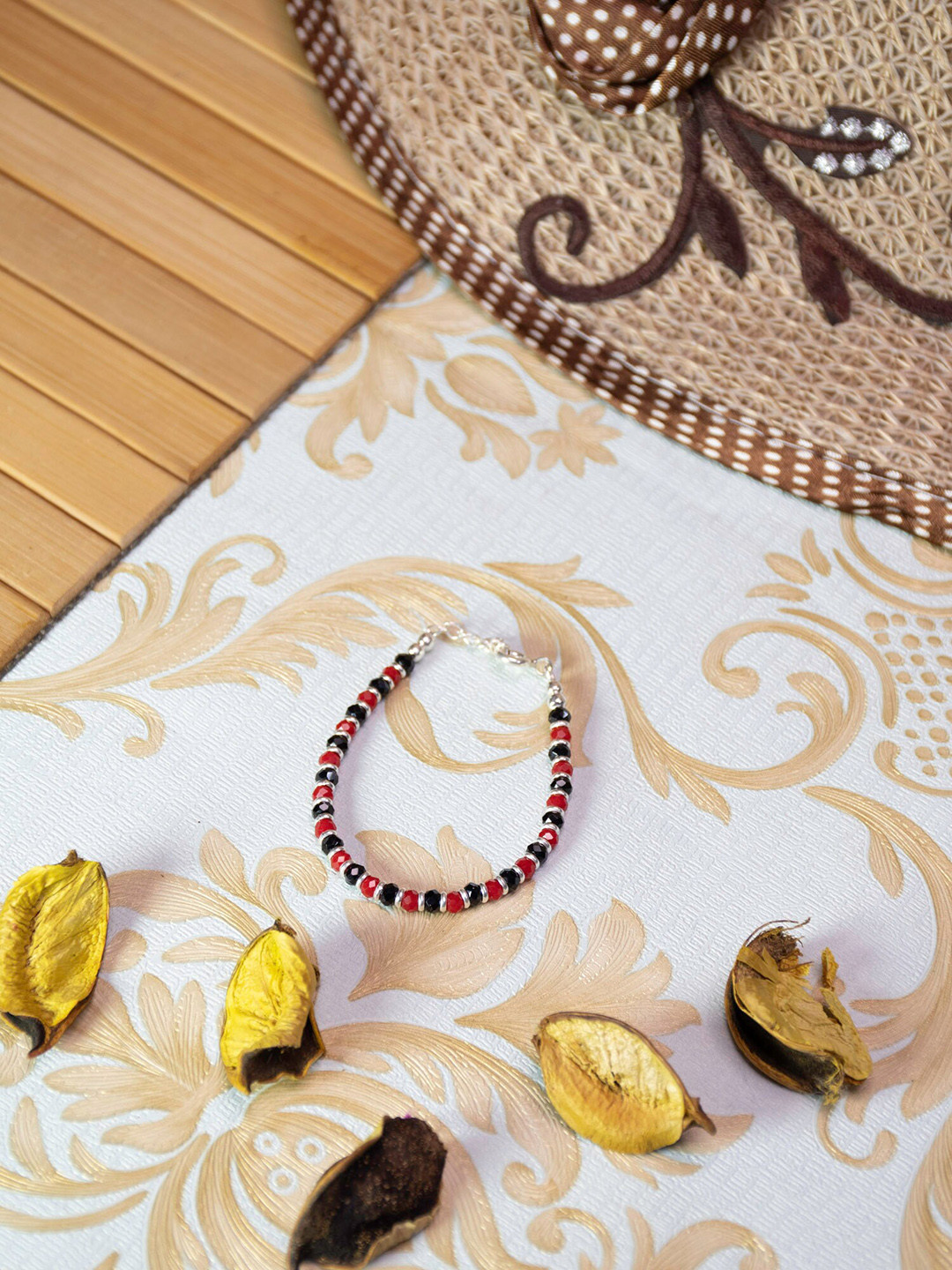 Arte Jewels 92.5 Silver-Plated Black & Red beaded Bracelet