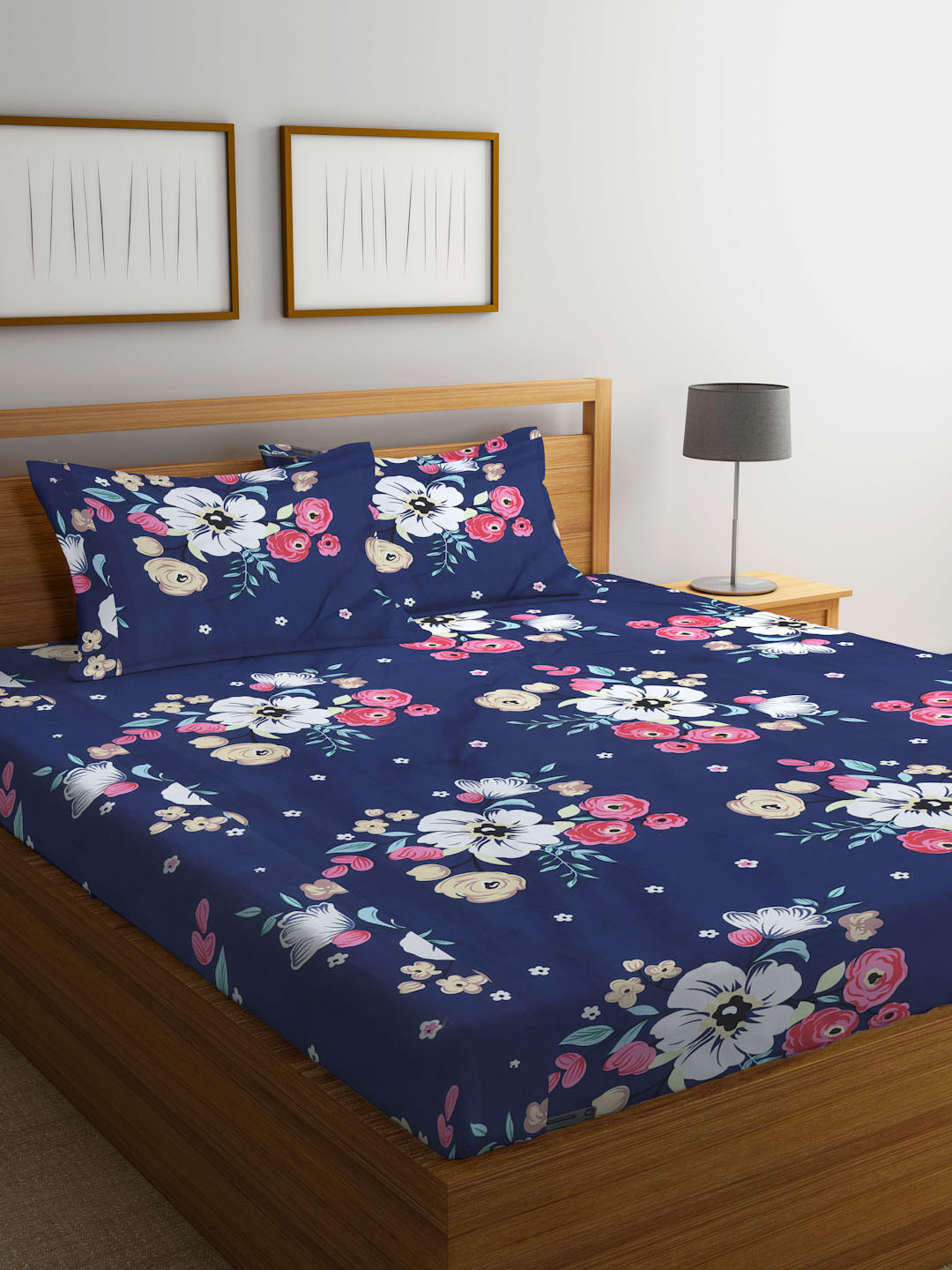 KLOTTHE Aspire Navy Blue Floral Cotton 300 TC King Fine Bedsheet with 2 Pillow Covers-98 x 87 inches