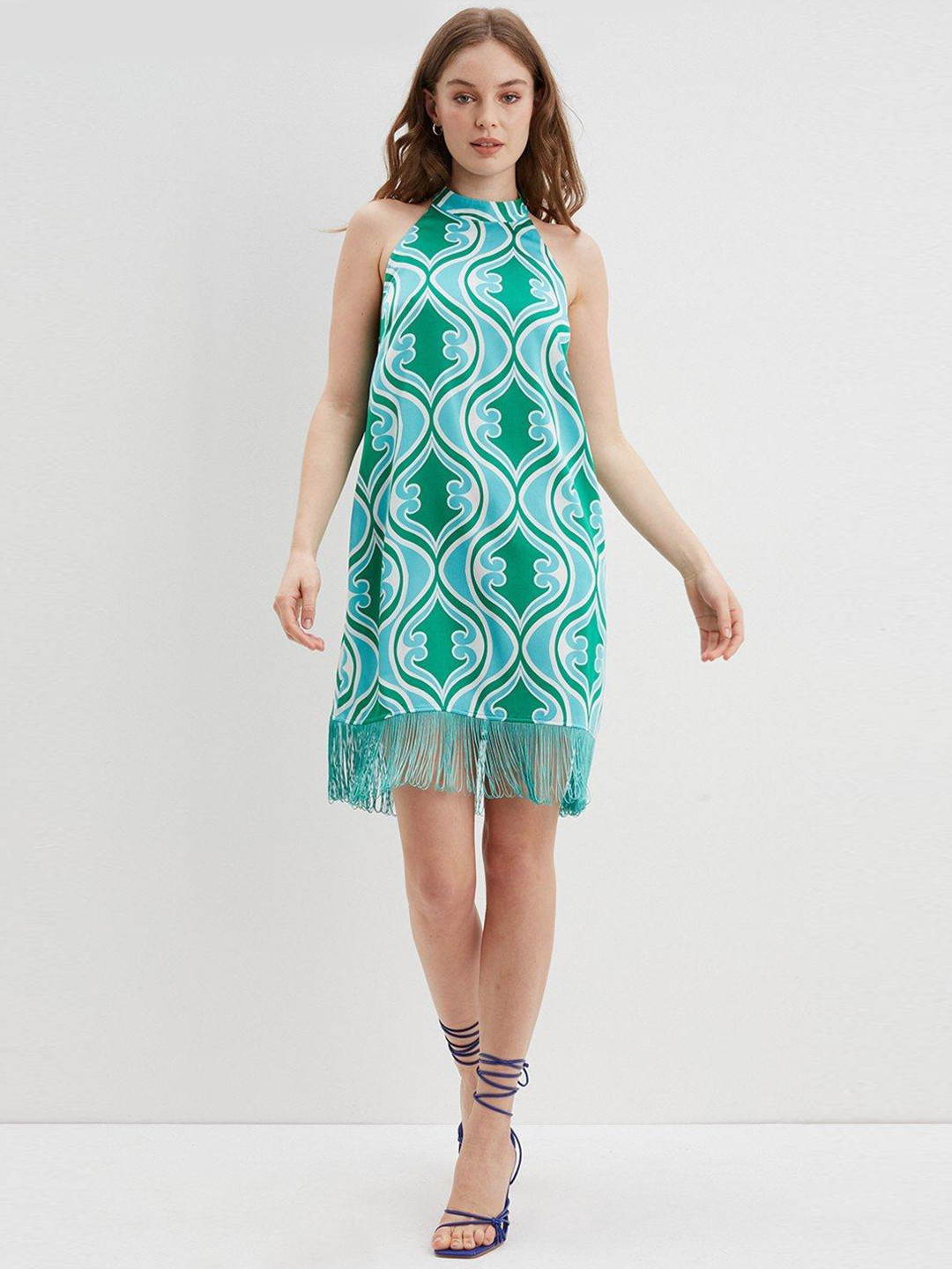 DOROTHY PERKINS Green & Blue Halter Neck Fringed Sheath Dress