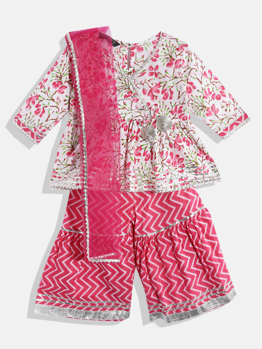 Readiprint Girls Floral Printed Angrakha Gotta Patti Cotton Kurti Set