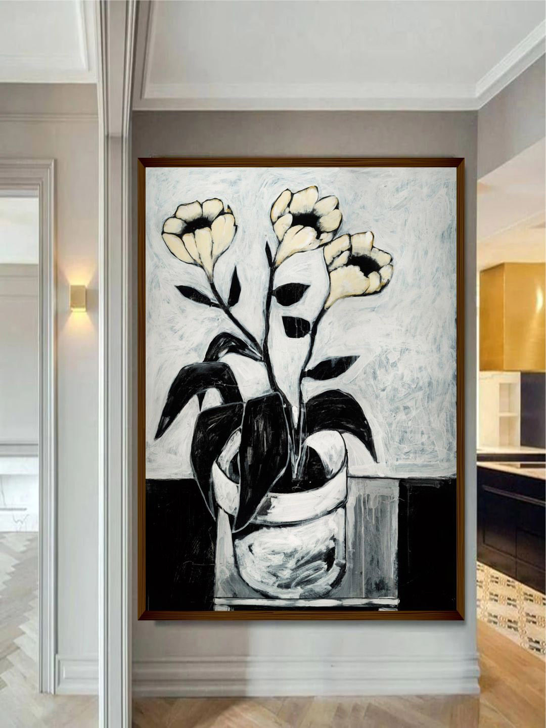 The Art House White & Black Floral Framed Wall Painting