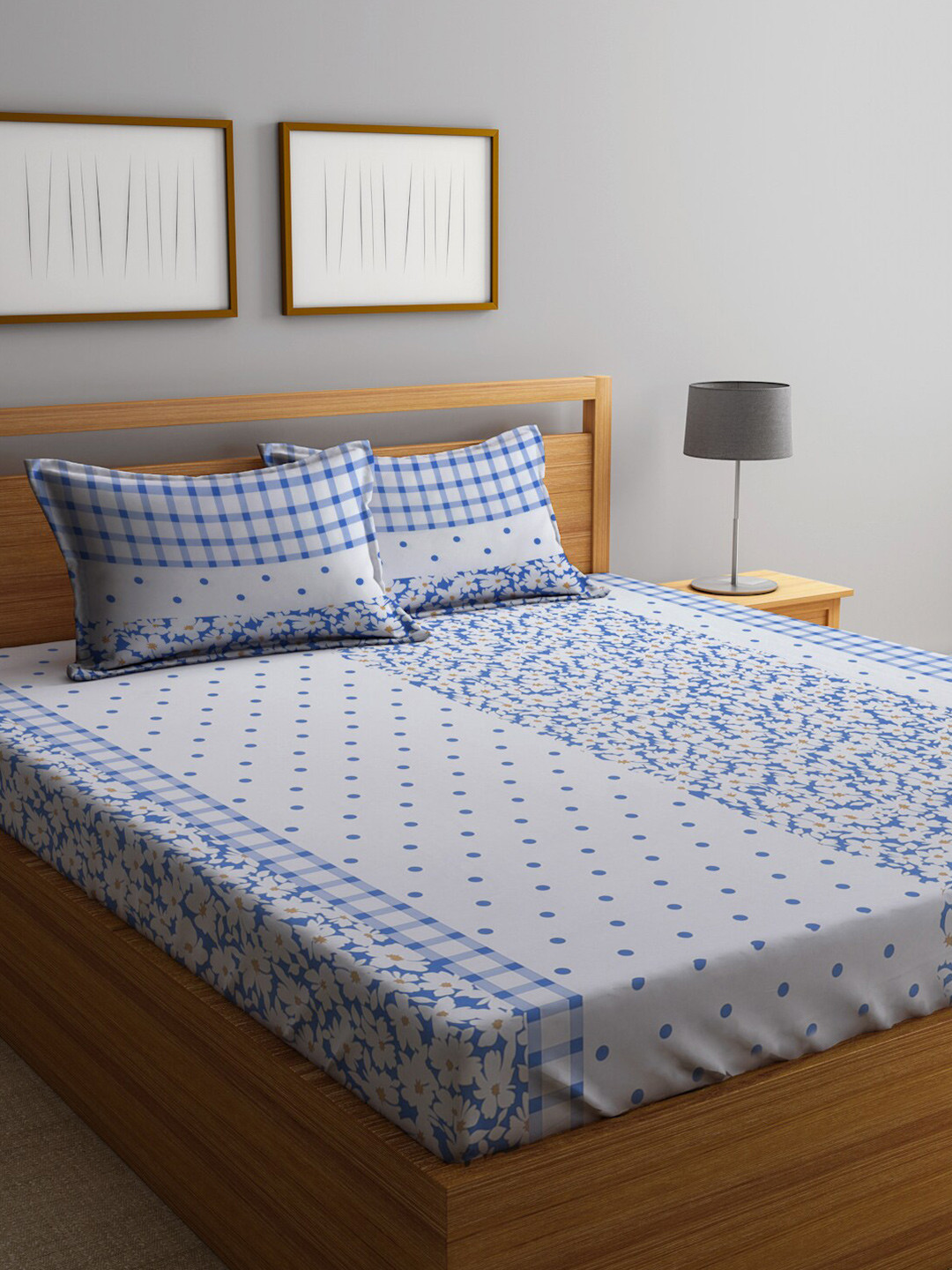 KLOTTHE Blue Floral Cotton Dotted 300 TC King Fine Bedsheet with 2 Pillow Covers-98 x 87 inches