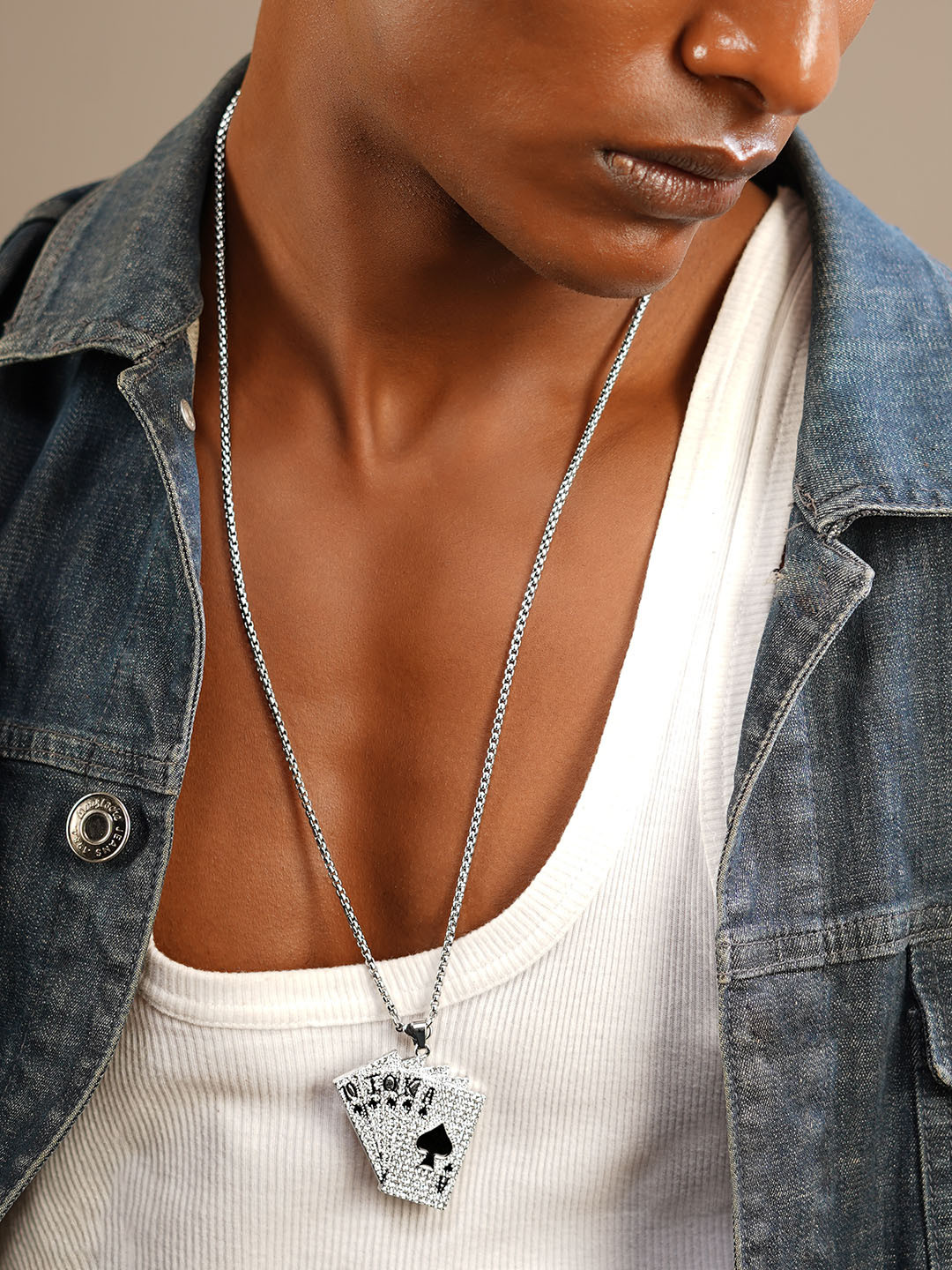 Roadster Silver-Plated Stone Studded Cards Pendant and Chain