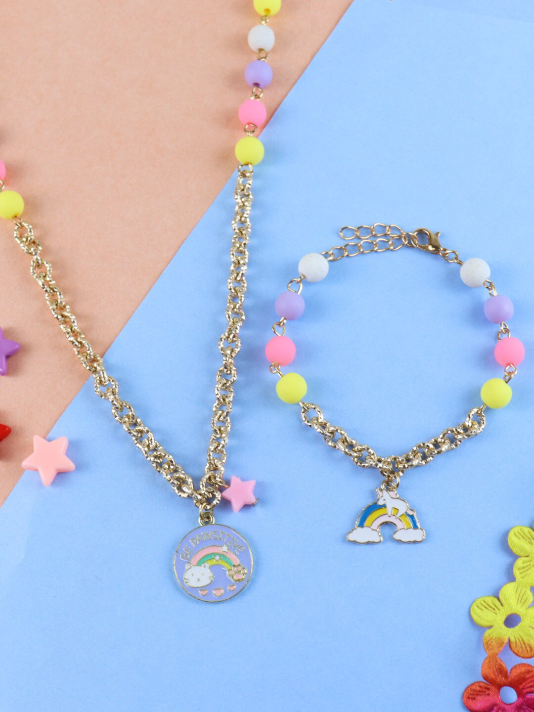 Asthetika Kids Girls Blue & White Gold-Plated Necklace & Bracelet Set