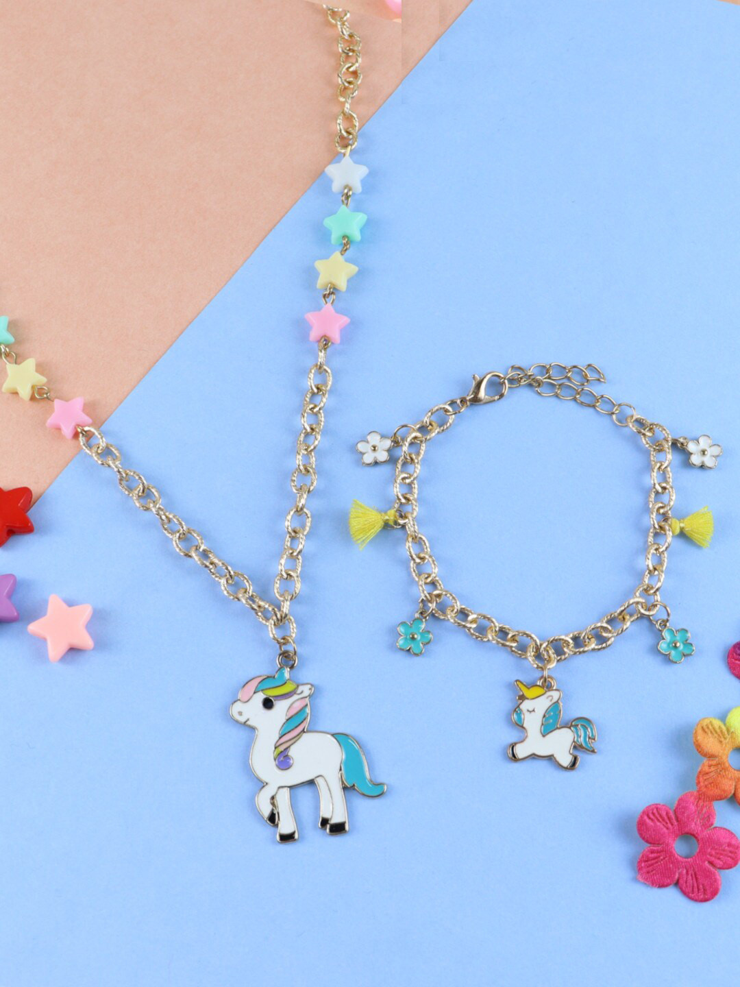Asthetika Kids Girls Gold-Plated Pink & Blue Beaded Unicorn Jewellery Set