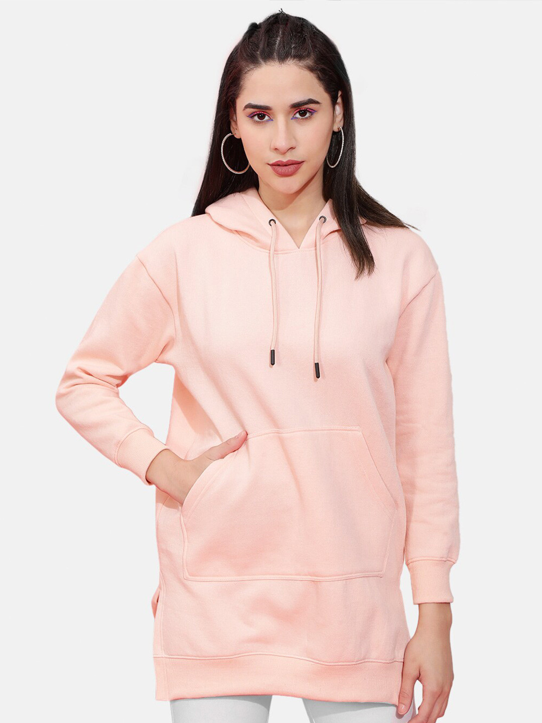 Freehand by The Indian Garage Co Women Pink Hooded Long Length Sweatshirt