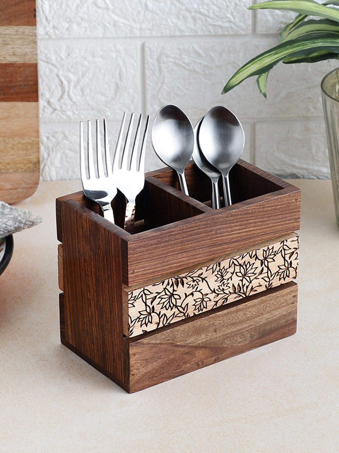 VarEesha Gul Brown Sheesham Wooden Two Part Cutlery Holder