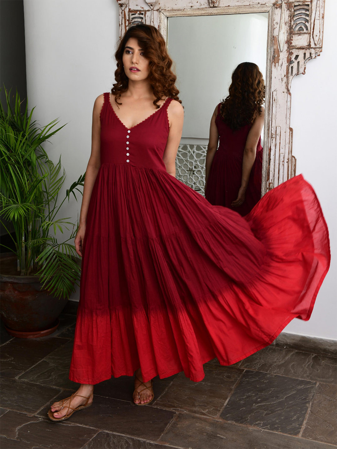 MYAARA Red Cotton Ethnic Maxi Maxi Dress