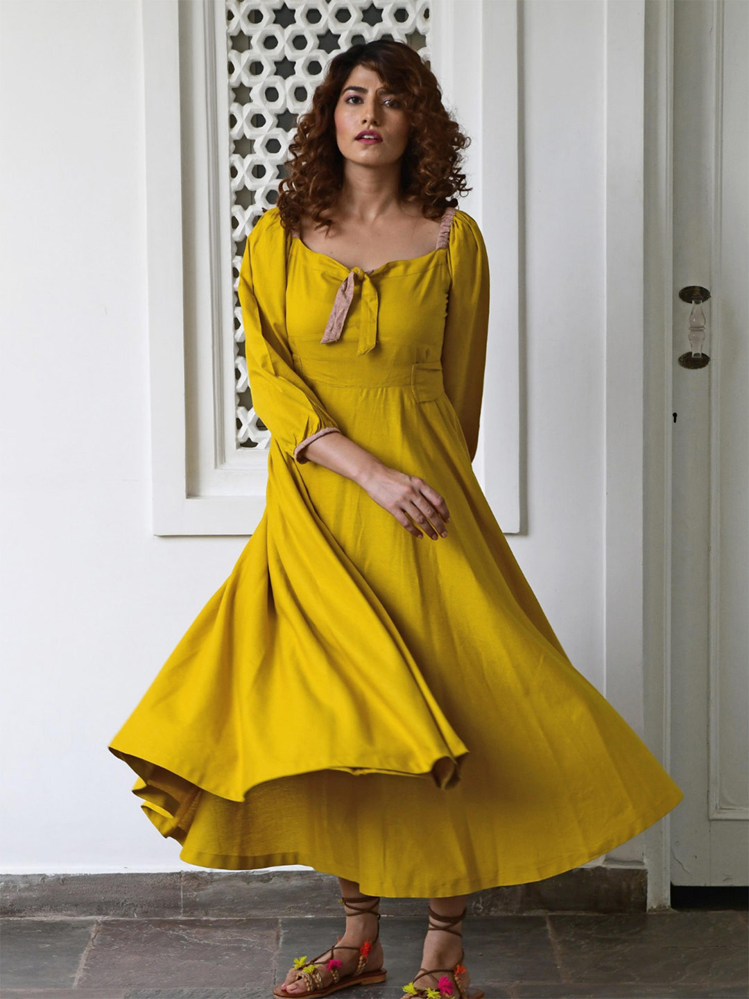 MYAARA Yellow Cotton Ethnic Dress