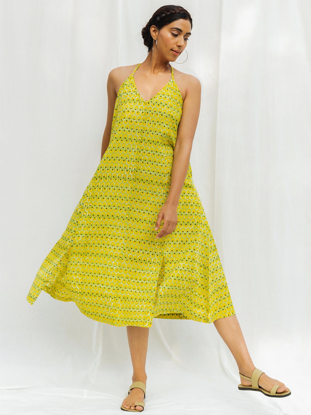 MYAARA Lime Green Cotton A-Line Midi Dress