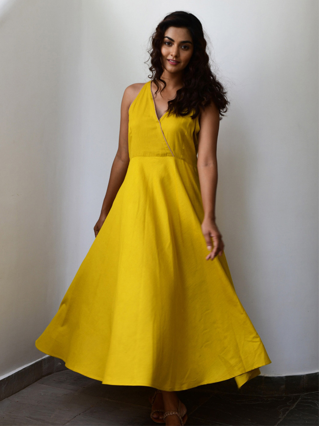 MYAARA Yellow Cotton Ethnic Maxi Dress