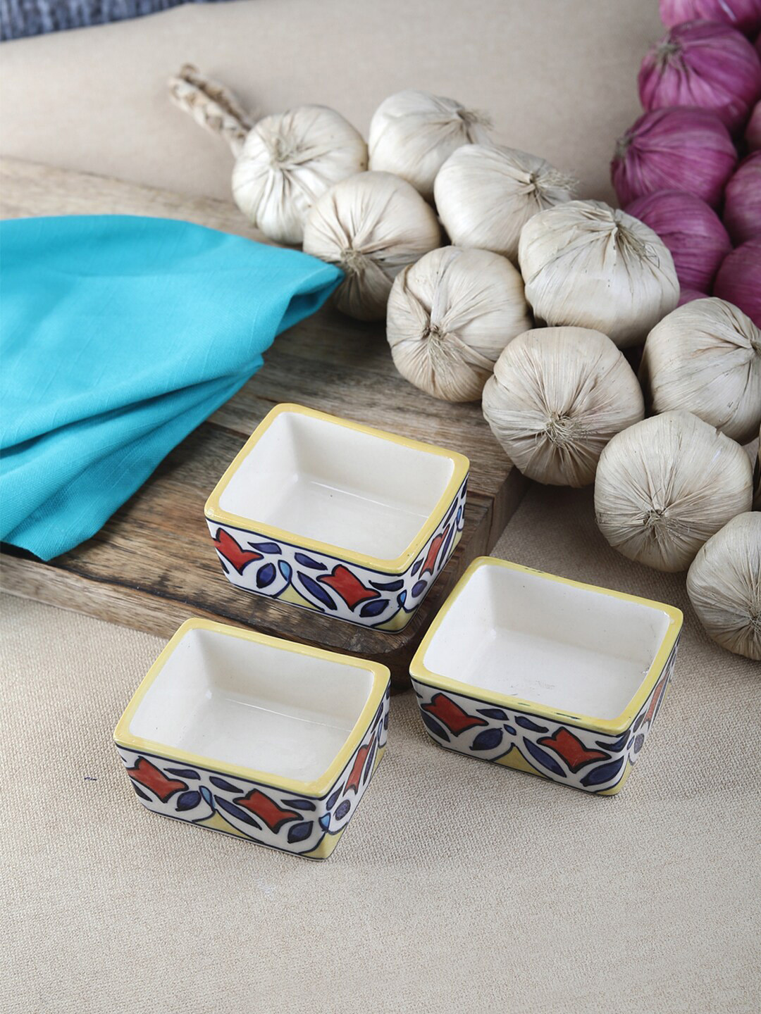 VarEesha Rangriti Yellow & Blue Set Of 3 Printed Dip Bowls 50 ml Each