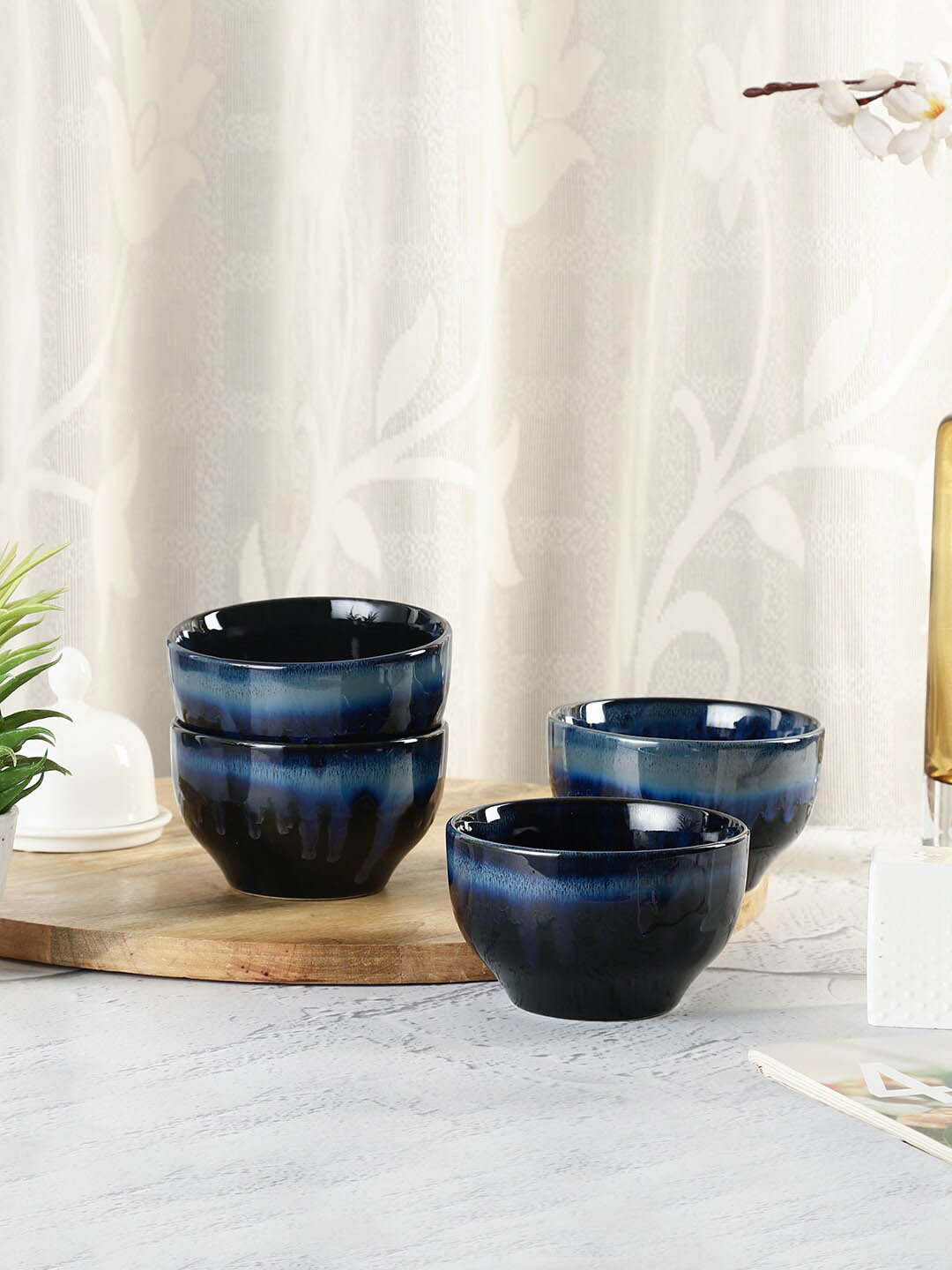 VarEesha Leher Set Of 4 Blue Printed Ceramic Snack Bowls
