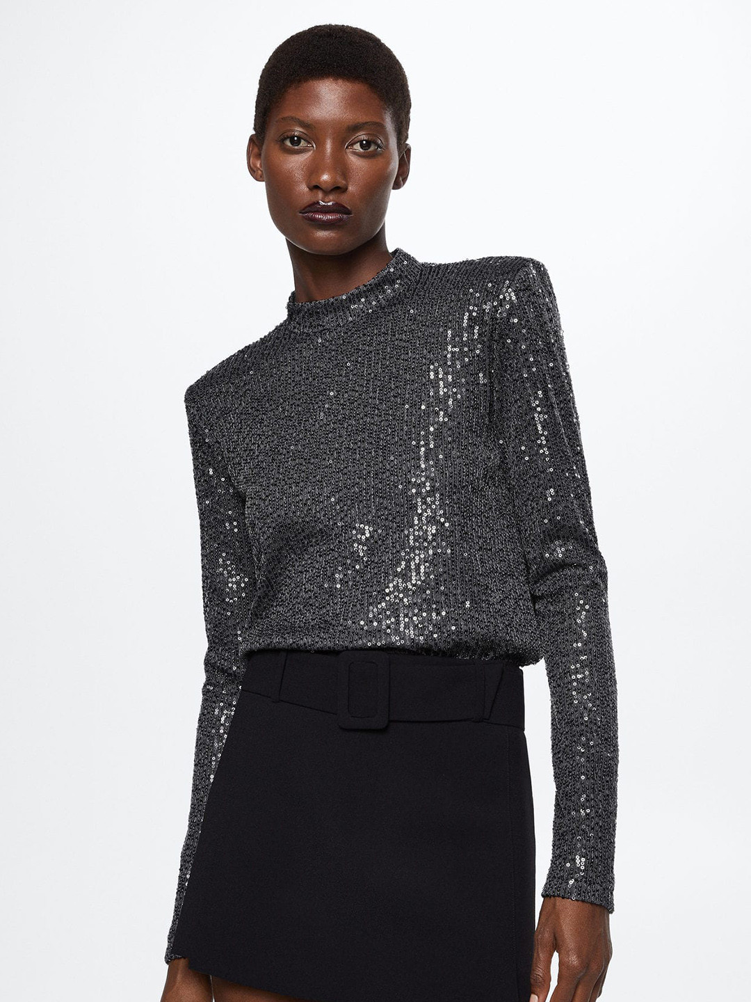 MANGO Sequined Embellished Mandarin Collar Top