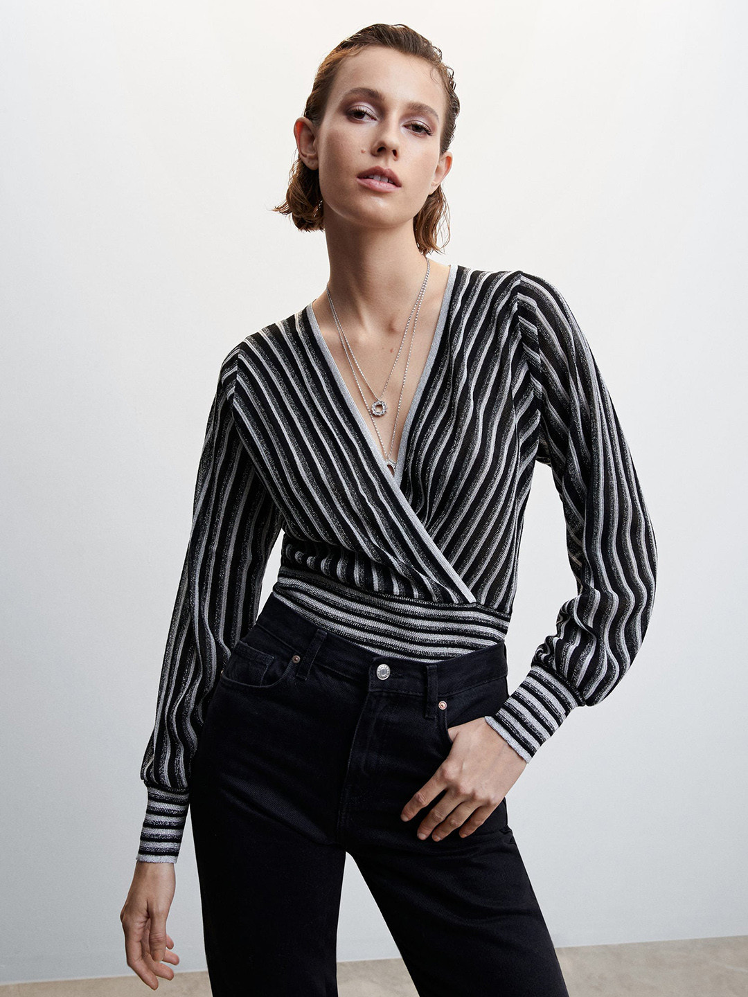MANGO Shimmery Striped Wrap Top