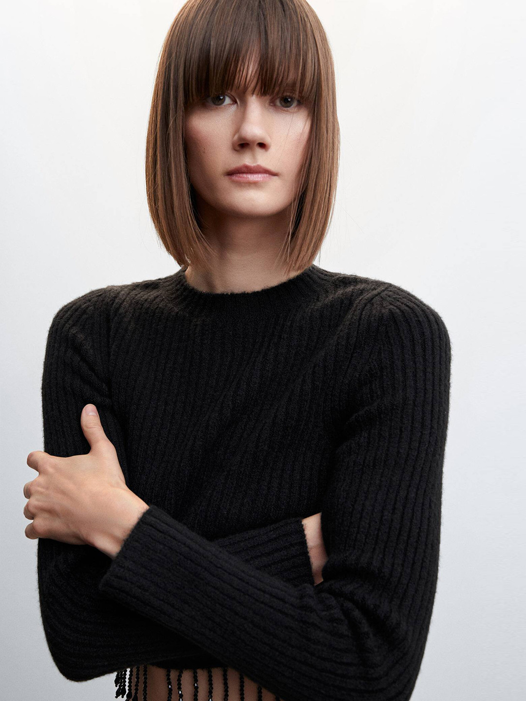 MANGO Solid Ribbed Crop Pullover with Beaded Fringe Hem