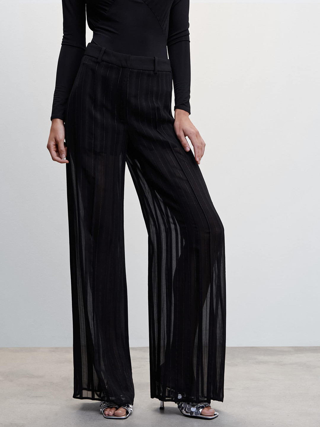 MANGO Women Semi-Sheer Striped High-Rise Wide-Leg Trousers