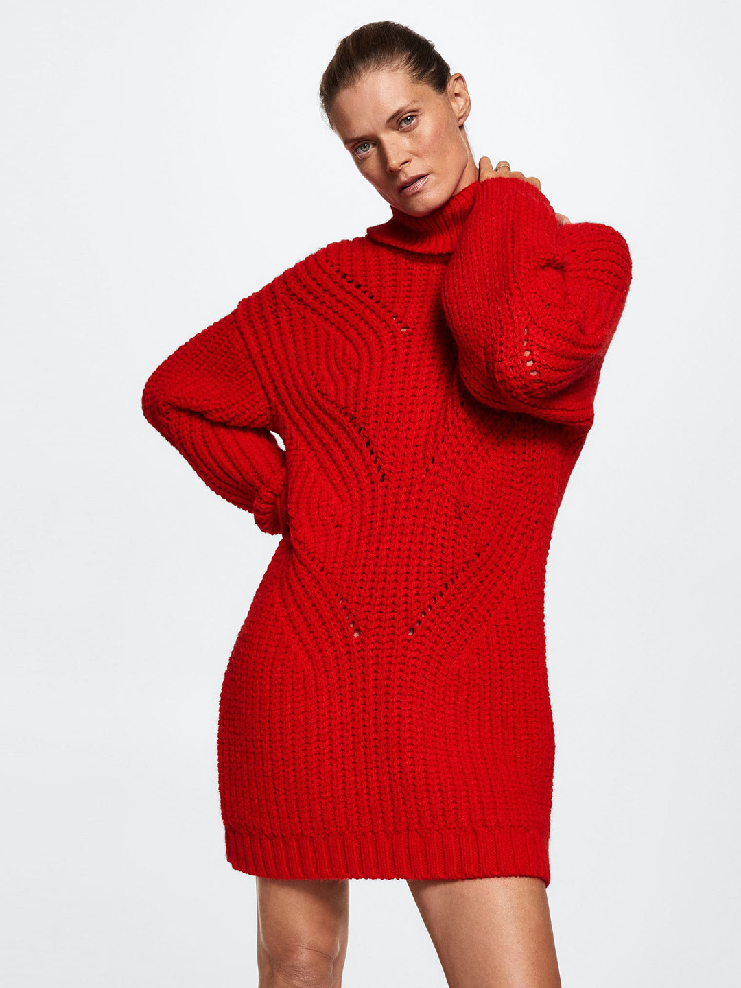 MANGO Open Knit Detail Ribbed Turtle Neck Dress