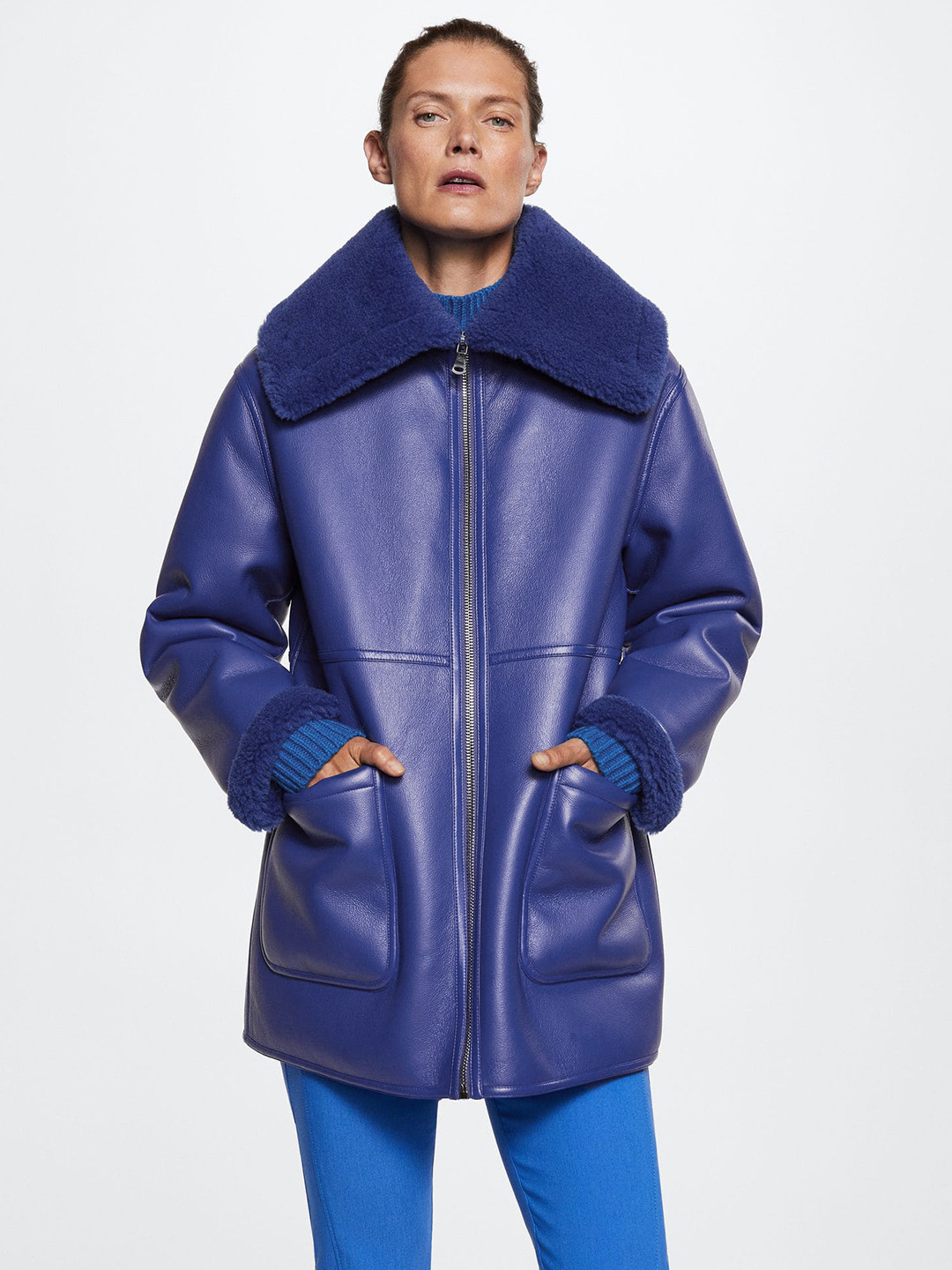 MANGO Spread Collar Faux Shearling-Lined Overcoat