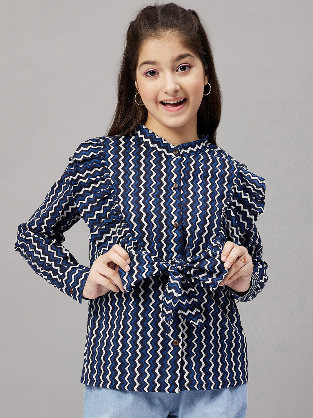 Stylo Bug Geometric Print Mandarin Collar Pure Cotton Shirt Style Top