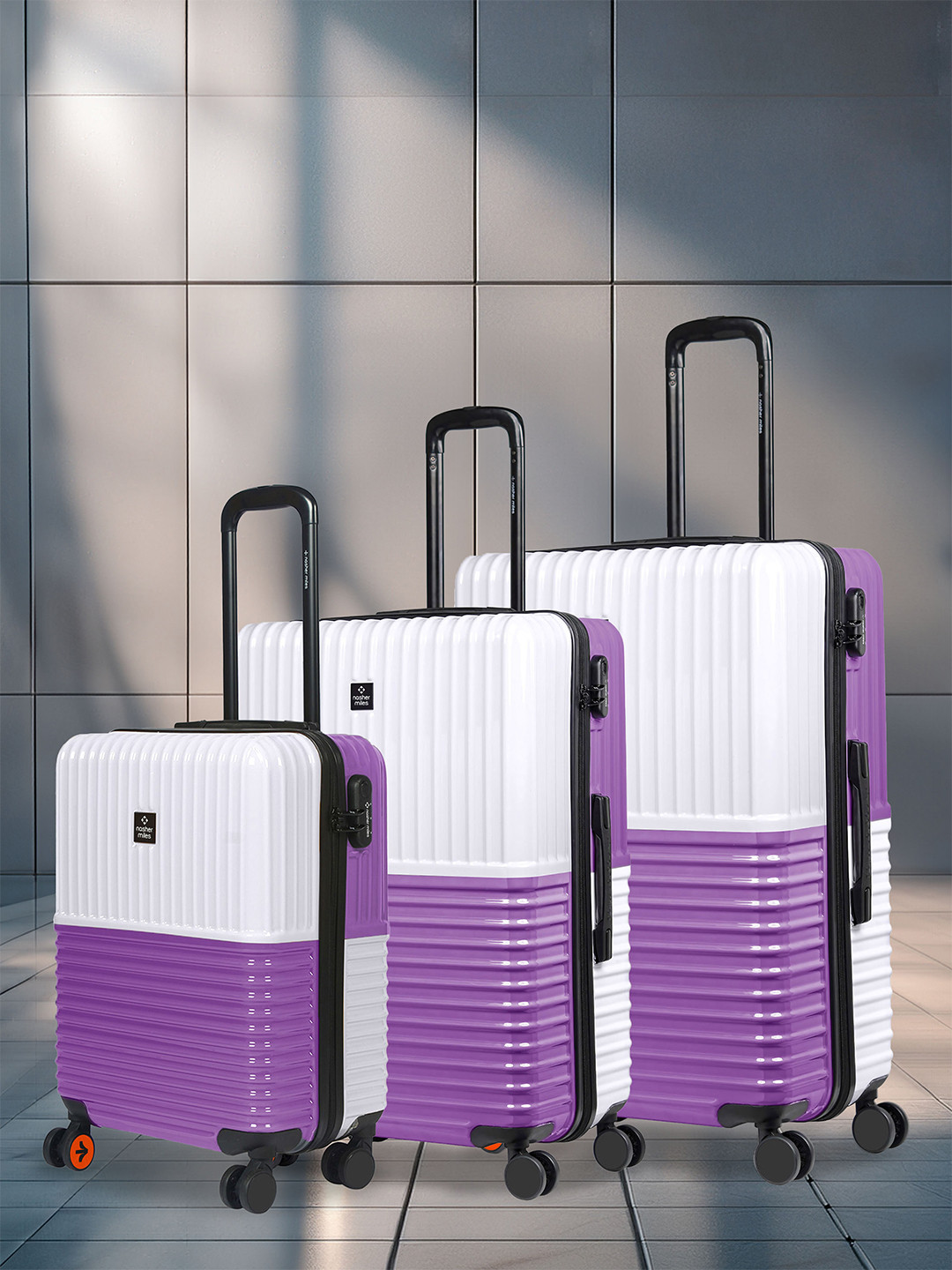 Nasher Miles Istanbul Hard ABS & PC Set of 3 S/M/L White Purple Trolley Bags 55-65-75cm