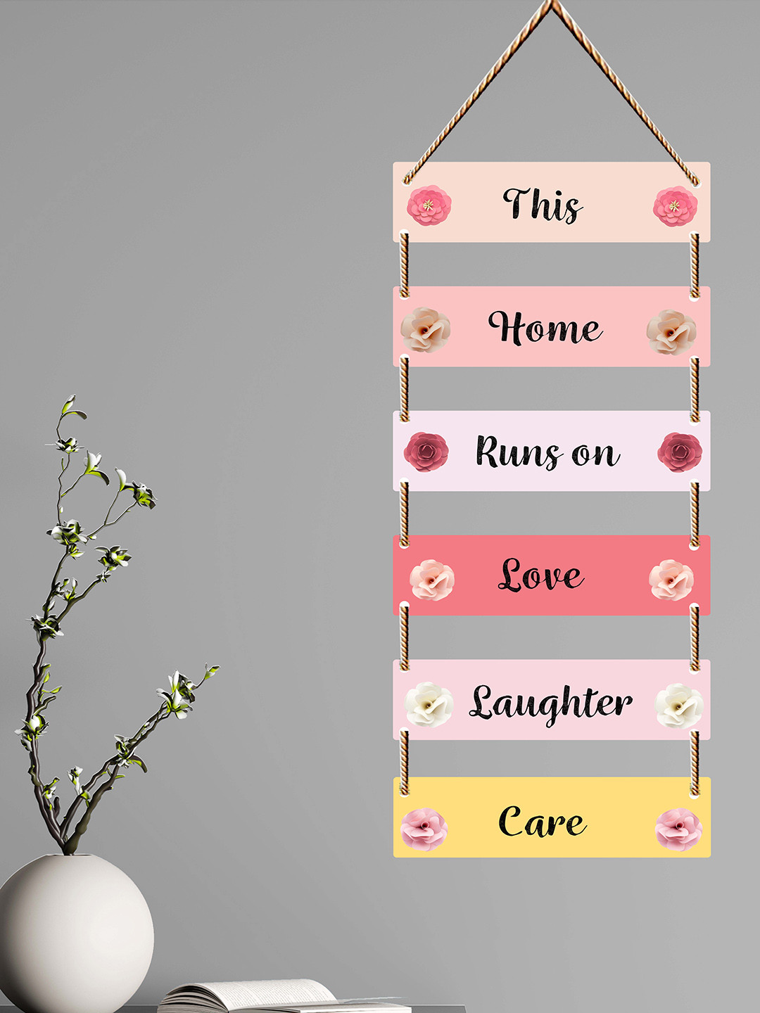 SAF Home, Runs On, Love, Laughter, Care Wood Floral Matte Bedroom Wall Hangings-31.5In