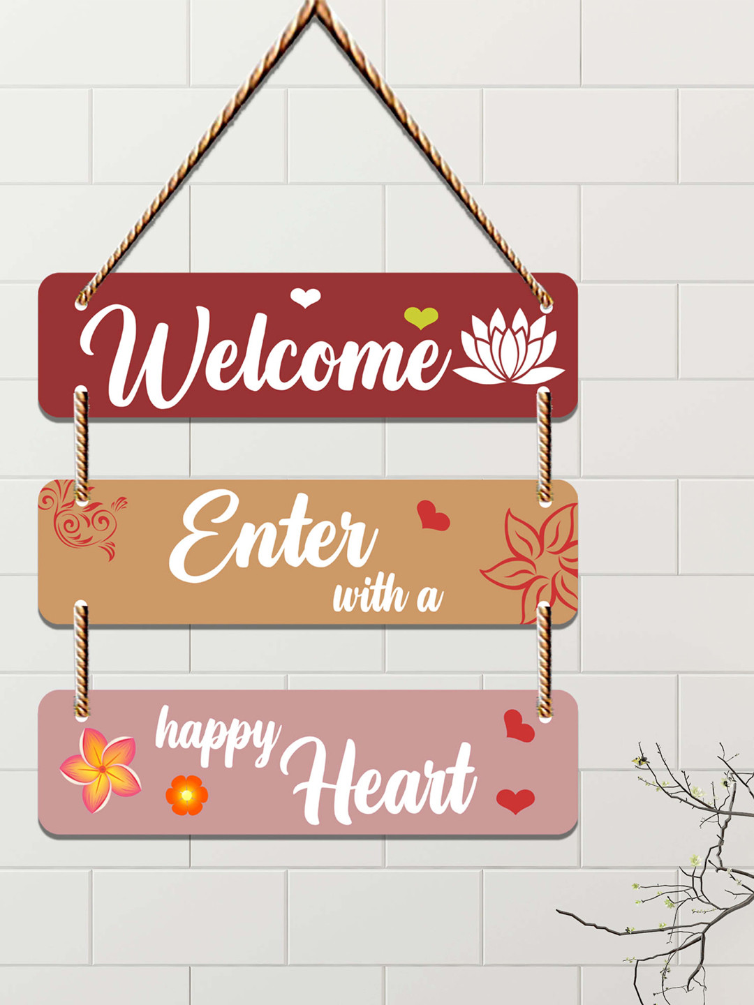 SAF Welcome, Enter, With A, Happy Heart Wood Floral Matte Bedroom Wall Hangings-12In