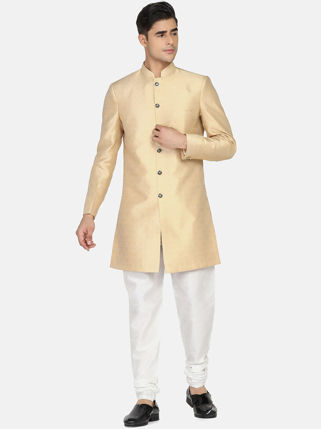 TAHVO Gold-Color & White Cotton Sherwani Set