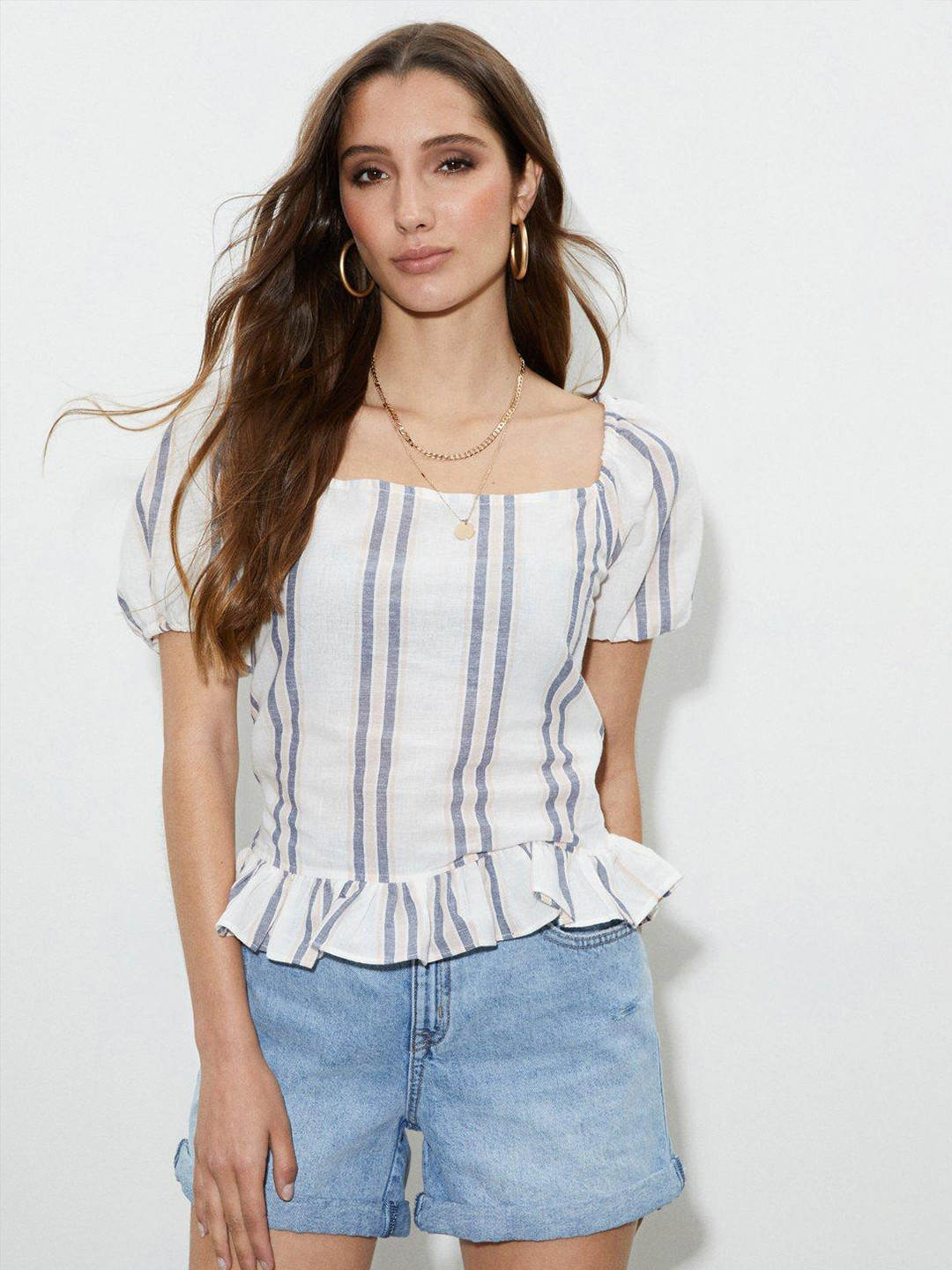 DOROTHY PERKINS Cotton Linen Striped Cinched Waist Top