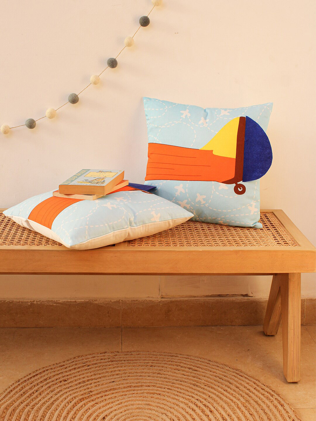House This Blue Conversational Cotton Lightweight 2 Pcs Patchwork Cushion Covers -16x16In