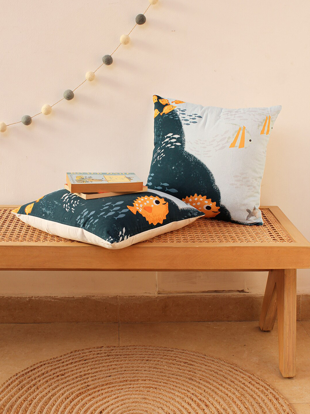 House This The Spiny Pufferfish Navy Blue & Yellow Set of 2 Abstract Cotton Square Cushion Covers