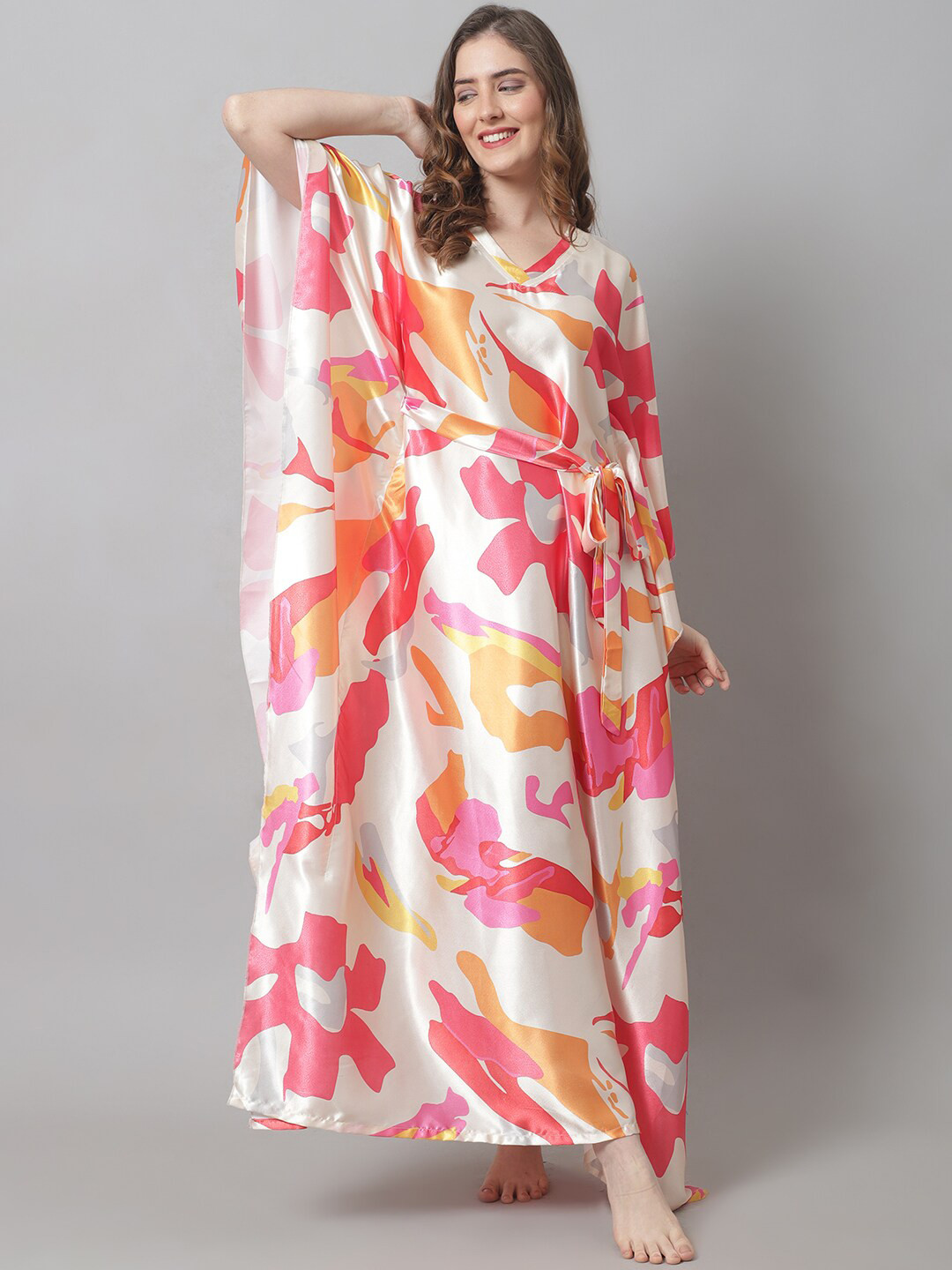 Claura Women Cream-Coloured Printed Maxi Silk Nightdress
