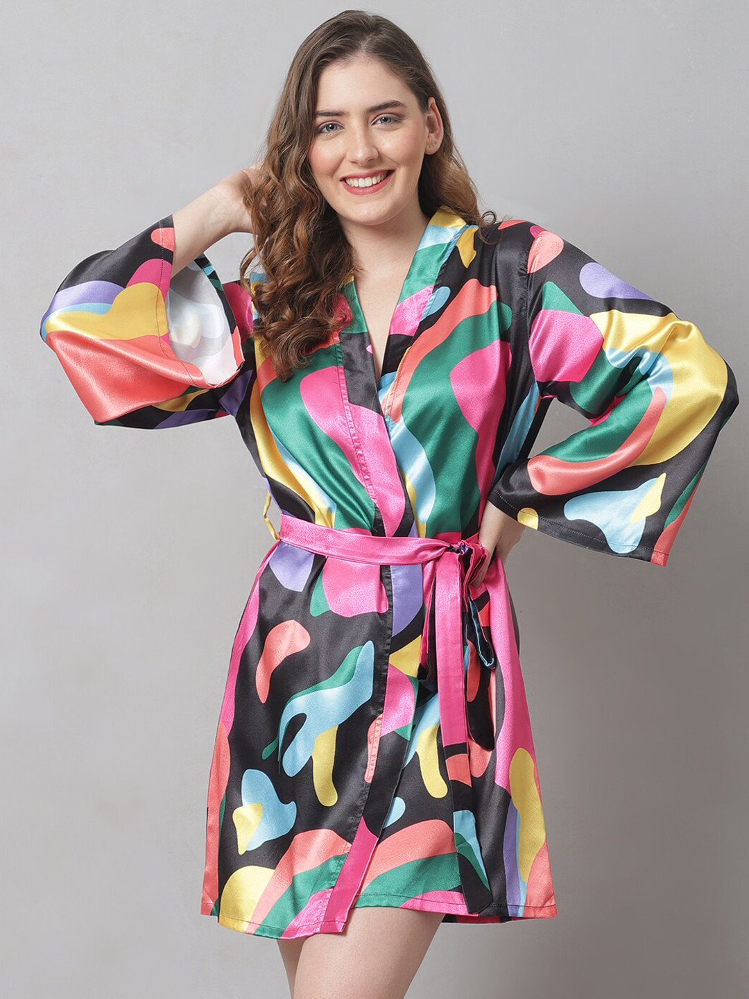 Claura Women Black & Pink Printed Robe