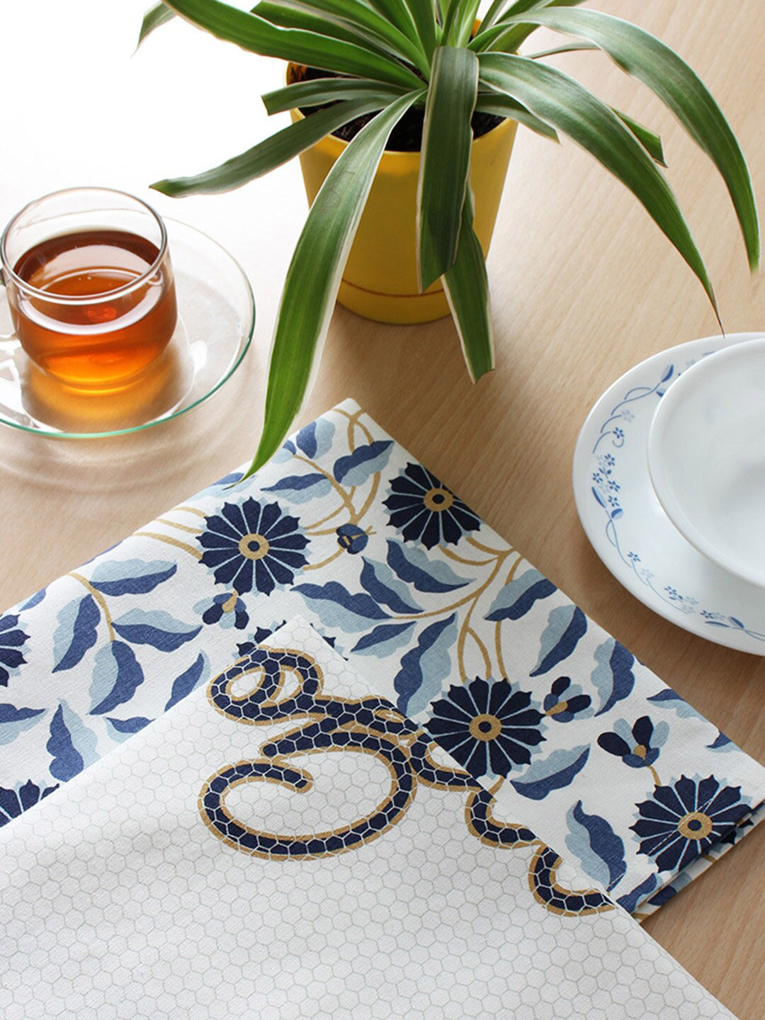 Jamio Firati White & Blue 2 Pieces Good Morning Printed Pure Cotton Kitchen Towels