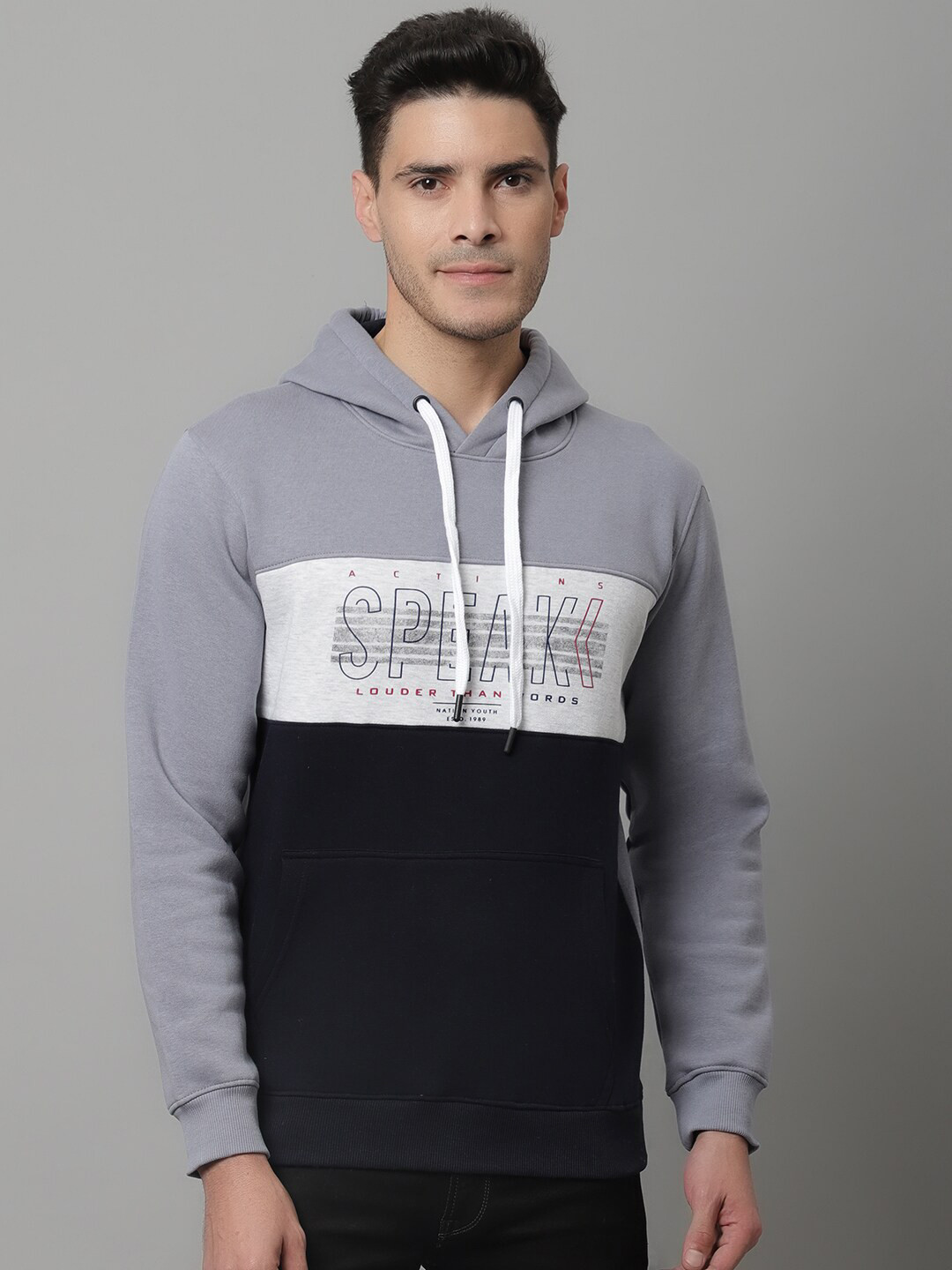 Cantabil Men Grey Colourblocked Fleece Hooded Sweatshirt