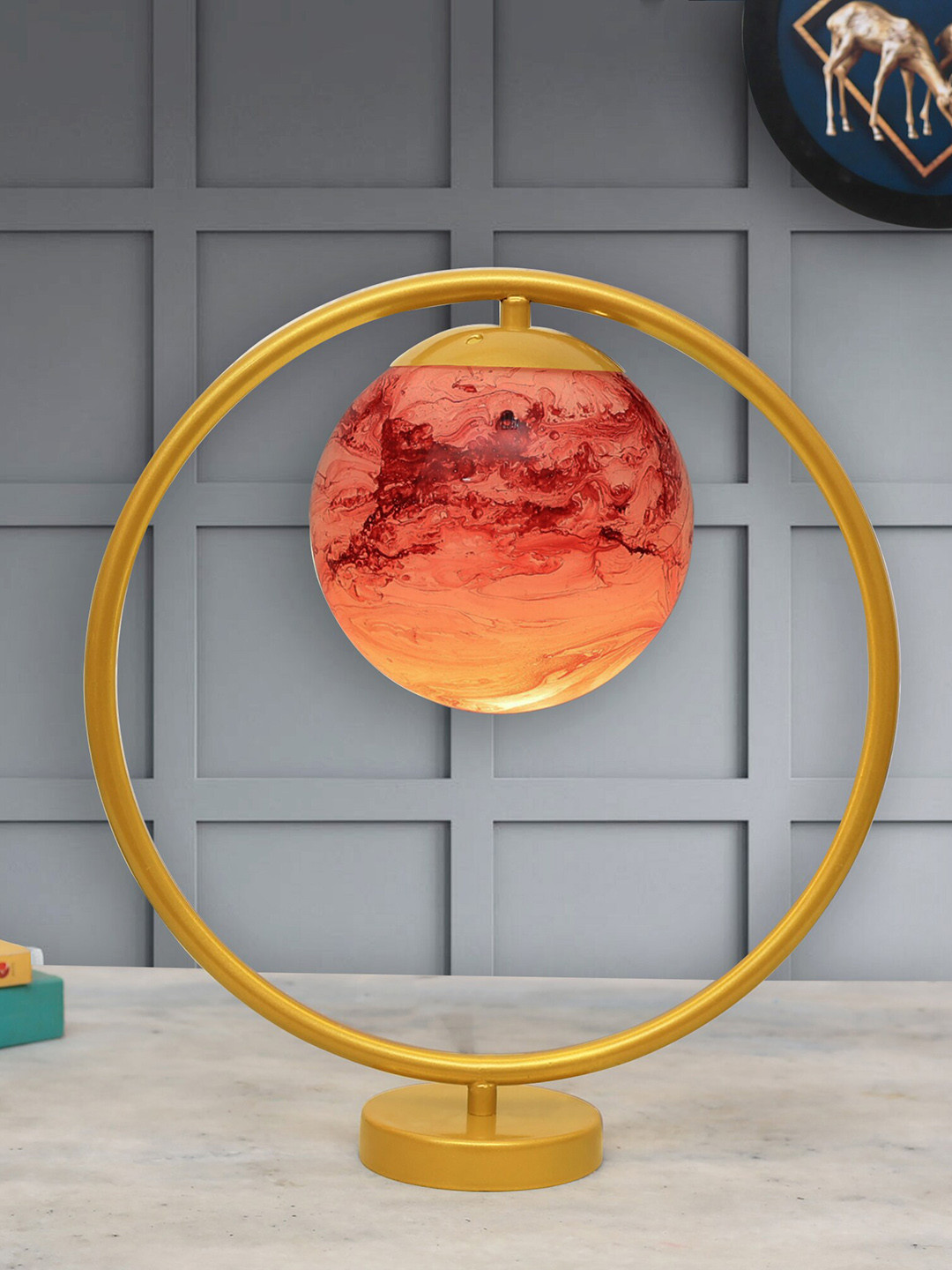 Homesake Red & Gold-Toned Textured Spherical Shaped Table Lamp