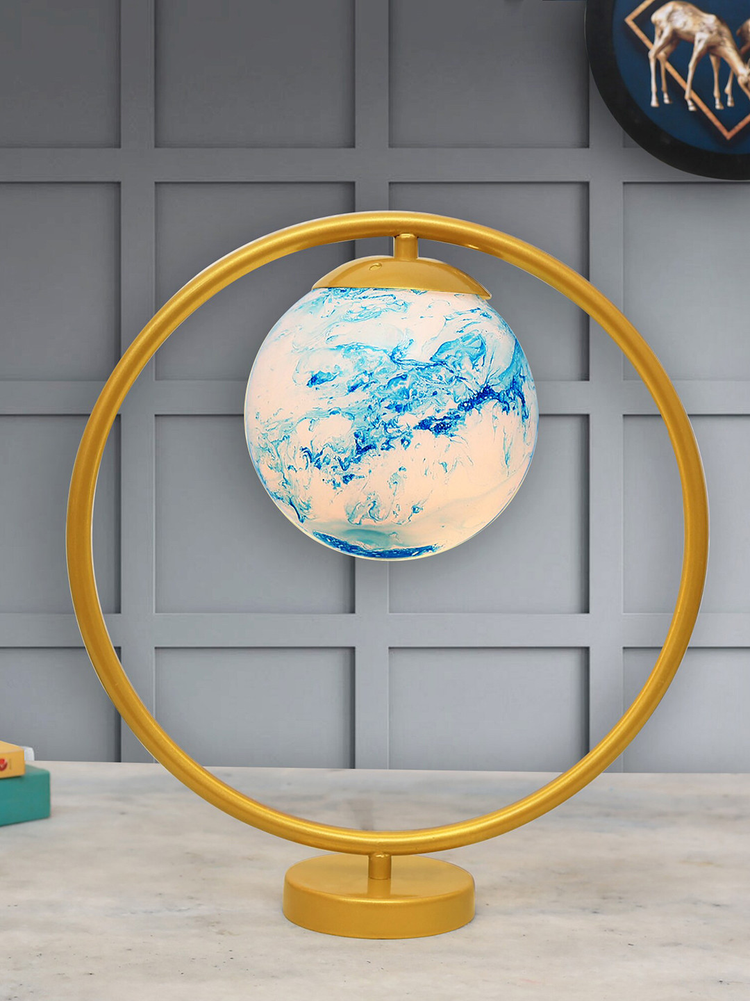 Homesake Turquoise Blue & Gold-Toned Textured Metal Table Lamp