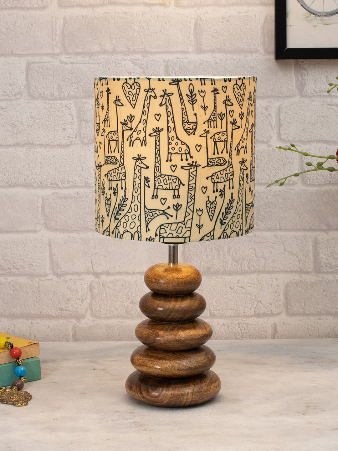 Homesake Beige & Brown Printed Wood Table Lamp With Savannah Shade LED Bulb Included
