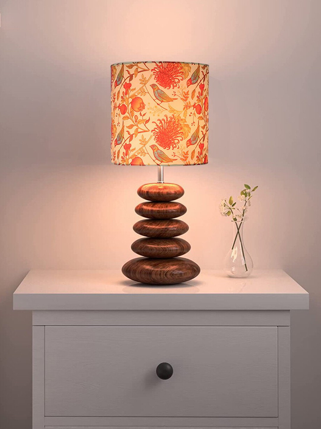 Homesake Off-White & Brown Walnut Wood Table Lamp With Bird & Flowers Shade & LED Bulb