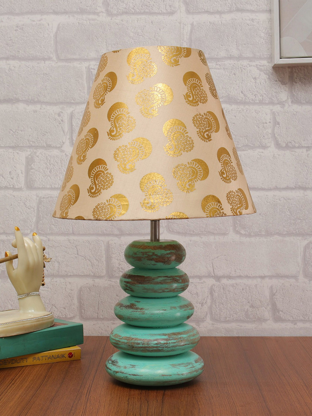 Homesake Algae Gold & Green Printed Pebble Wood Table Lamp With Shade