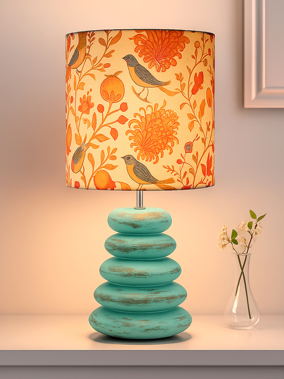Homesake Algae Red & Blue Pebble & Wooden Printed Table Lamp With LED Bulb