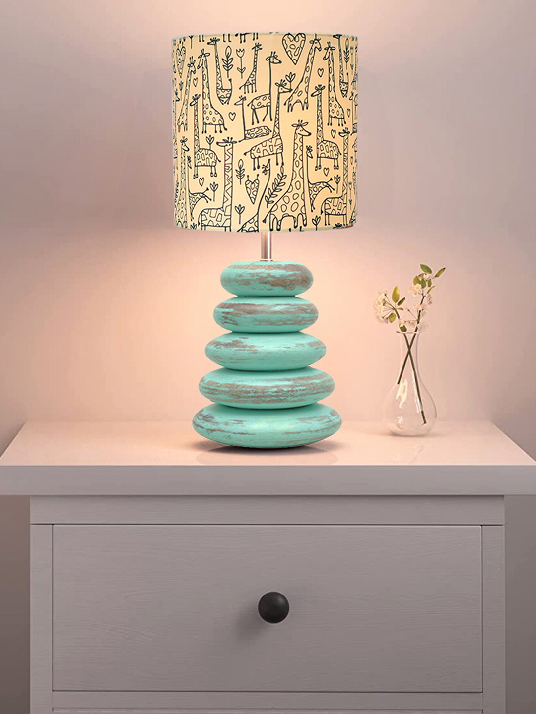 Homesake Algae Yellow & Blue Printed Wood Table Lamp With Savannah Shade LED Bulb