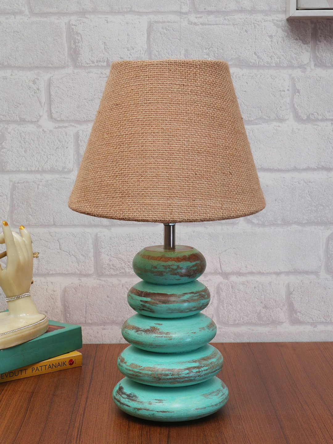 Homesake Brown & Blue Textured Wooden Table Lamp With Jude Shade LED Bulb Included
