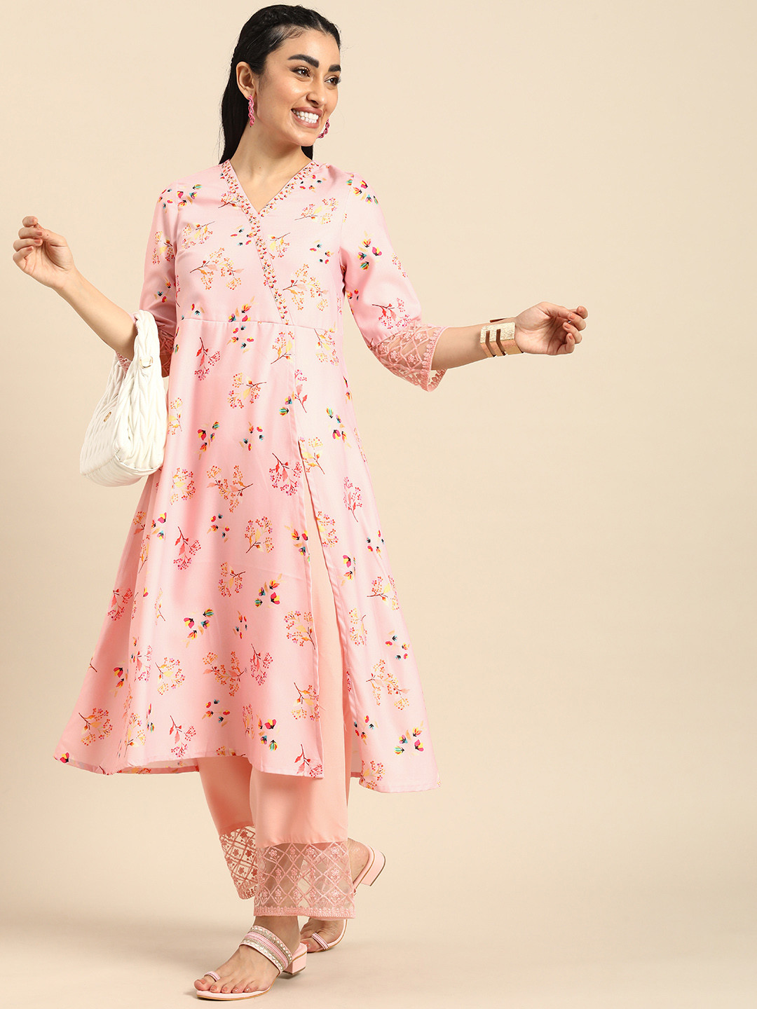 Anouk Women Floral Print High Slit Thread Work Straight Kurta with Palazzos