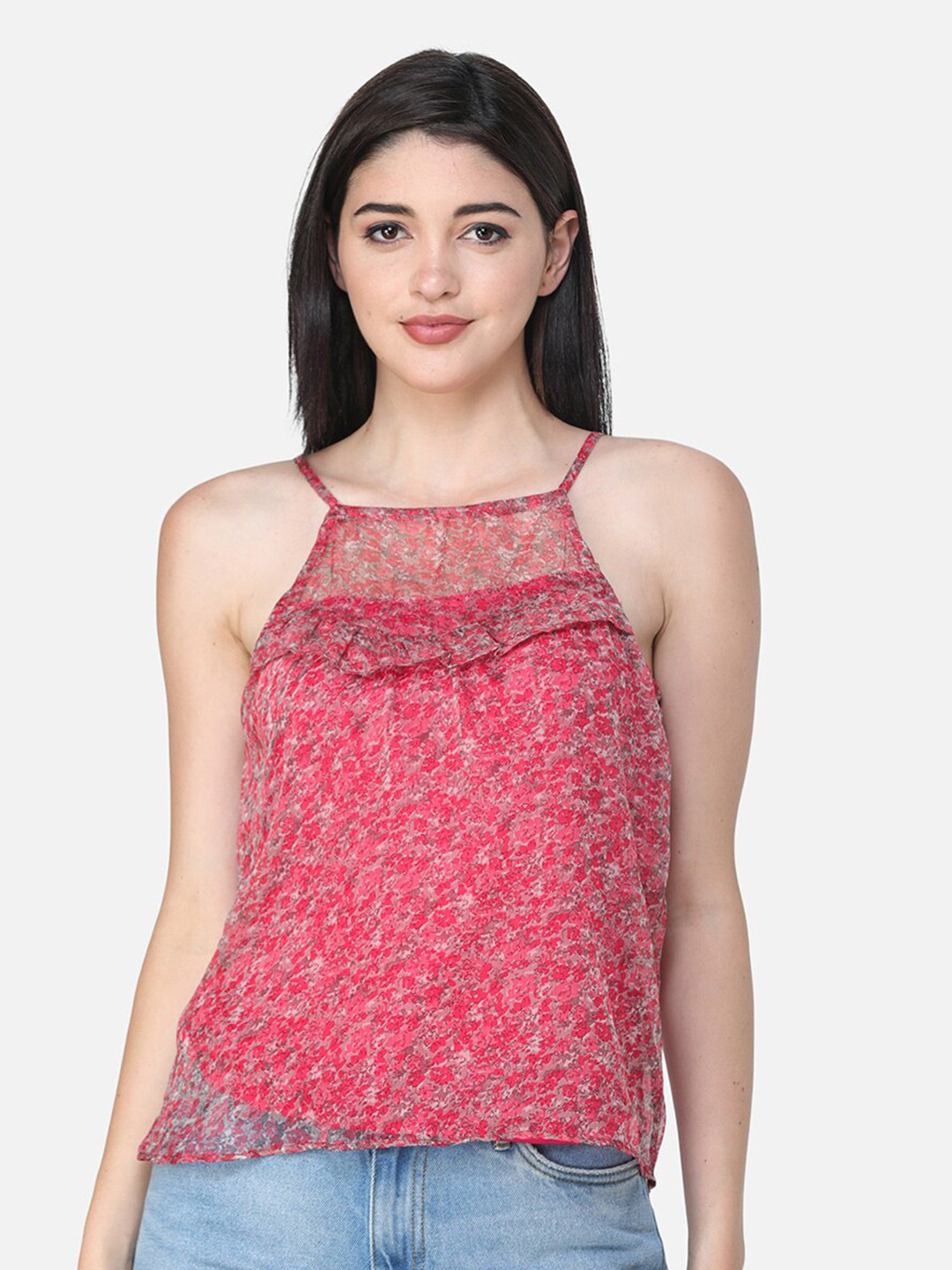 Cation Floral Print Halter Neck Chiffon Top