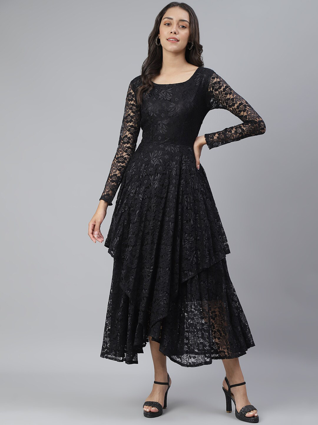 Cation Black Floral Printed Layered Lace Maxi Dress